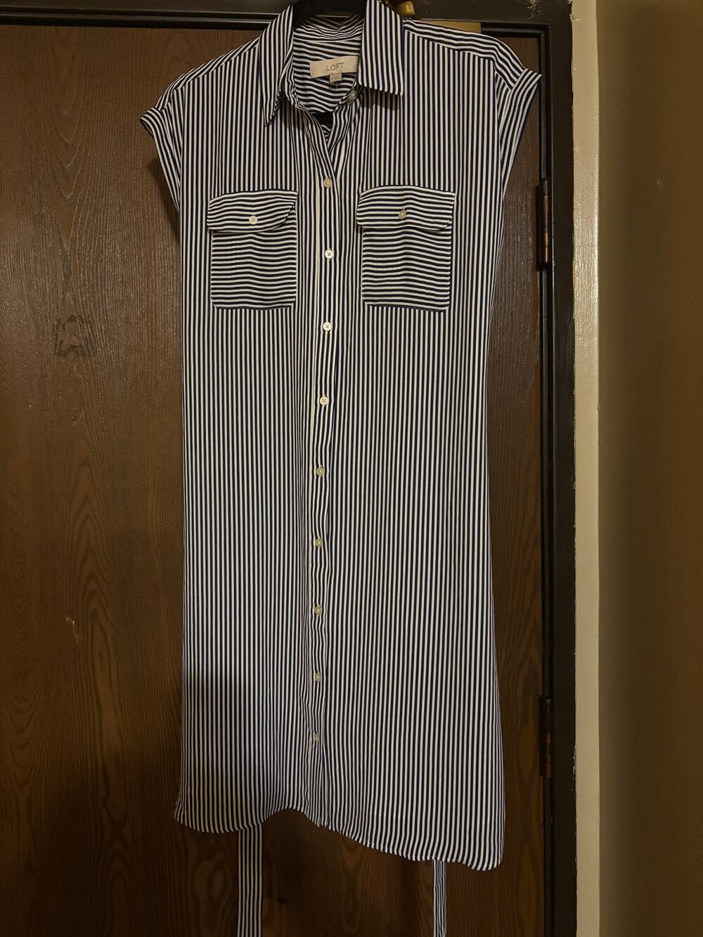 NWT Loft Classic Sleeveless Navy/ White Stripped Fall Preppy Midi Shirt Dress